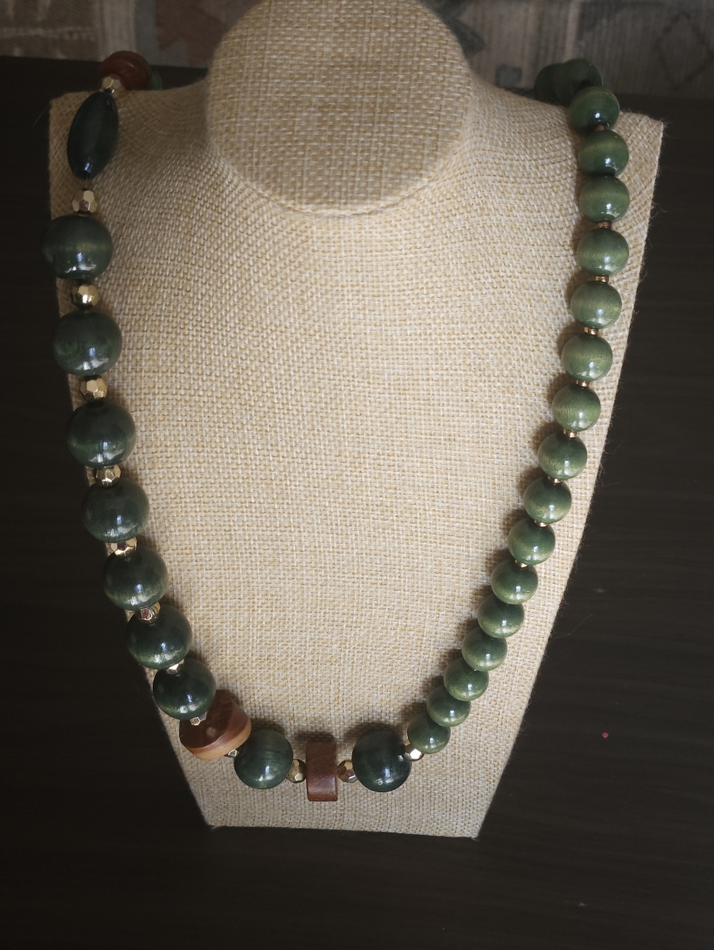 Handcrafted Green Bead Necklace with Brown Accents